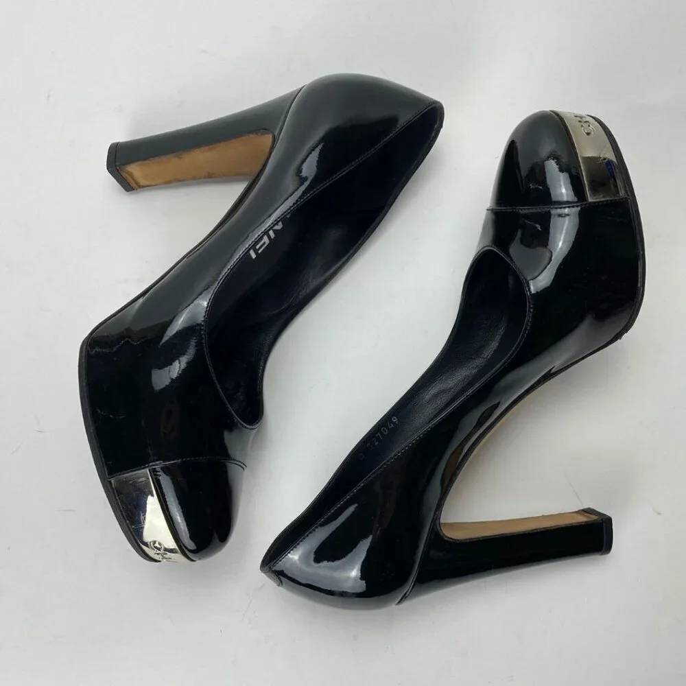 CHANEL Patent Silver Name Plate Chrome Logo Cap Toe Black Chunky Pumps Size 37.5
